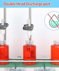 Rock Solid Automatic Double Head Liquid Filling Machine With Dead Simple Plug And Play Interface And No Fuss Adjustable Speed For Smooth Assembly Line Bottling with two discharge ports filling red liquid into bottles.