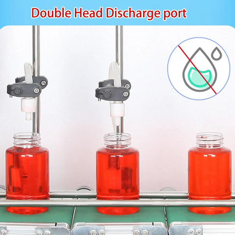 Rock Solid Automatic Double Head Liquid Filling Machine With Dead Simple Plug And Play Interface And No Fuss Adjustable Speed For Smooth Assembly Line Bottling with two discharge ports filling red liquid into bottles.