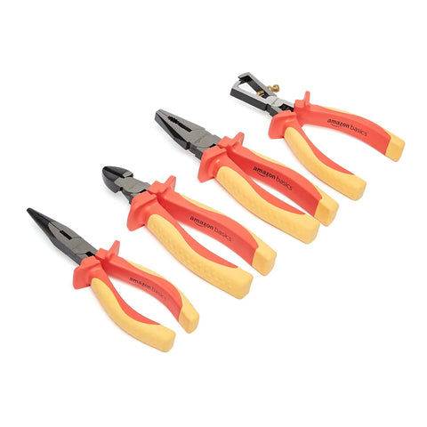 Pro Grade Insulated 1000V VDE Electrician Tool Set With Pliers And Screwdrivers Voltage Tester And Electric Tape 14 Piece Heavy Duty Kit In Red And Yellow For Safe Wiring And Quick Repairs showing four types of pliers.