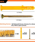 100 Piece M6x60 Plastic Wall Anchors And Screws Kit with yellow expansion anchors and matching screws for concrete and drywall