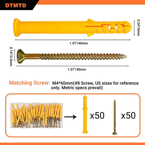 100 Piece M6x60 Plastic Wall Anchors And Screws Kit with yellow expansion anchors and matching screws for concrete and drywall