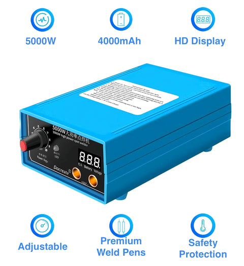 5000W Battery Spot Welder Portable Handheld On The Go Welding Machine for 18650 Battery Packs with adjustable settings and HD display