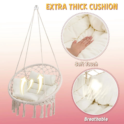 Boho Macrame Hammock Chair Swing With Overstuffed Cushion For Indoor And Outdoor Cozy Vibes Beige Solid Steel Frame Easy Setup