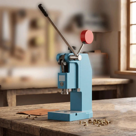 Heavy Duty Workhorse Manual Arbor Press Featuring Rock Solid Lever Design And Red Counterweight Balance Block For Smooth Batch Embossing and Relentless Downstroke On Your Shop Bench with blue finish.