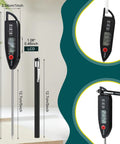Six Pack Waterproof Digital Food Thermometers With Long Probes, Instant Read, Perfect For Water, Liquids, Candles And Cooking, Kitchen BBQ Grill Candy Thermometer, Black, shown with measurements and digital display.