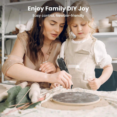 Woman and child using Mini Cordless Rotary Tool Kit All In One With 5 Speeds And 69 Accessories 4V Power for DIY crafting