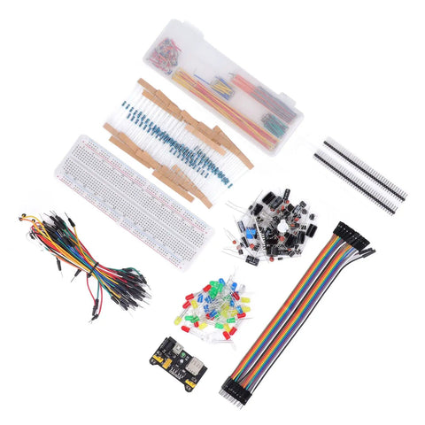 Massive Electronics Component Kit With 400 Plus Pieces Starter Pack USB Cable And Power Module Clear Labeled Storage Box Plug And Play Breadboard Ready 830 Tie Point Ideal For Arduino R3 Projects displayed on white background.