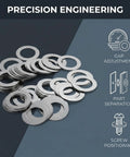 Top Shelf M8 Steel Shim Washers Set Eighty Pieces Precision Ultra Thin Spacers For Electronics And Scale Model Assembly Tough Hardware With Slick Finish Nailed It showing 80 stainless steel washers arranged for use.