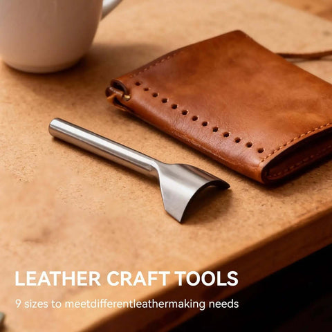 Nine Piece Half Round Leather Punch Set From 10mm To 50mm displayed with leather pouch on a wooden table, DIY leather craft tool.