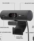 Straight Up 1080P Webcam With Smart Auto Lighting Show Mode Built In Noise Cancelling Mics Privacy Shutter in matte black, displaying features such as USB-C and privacy shutter.