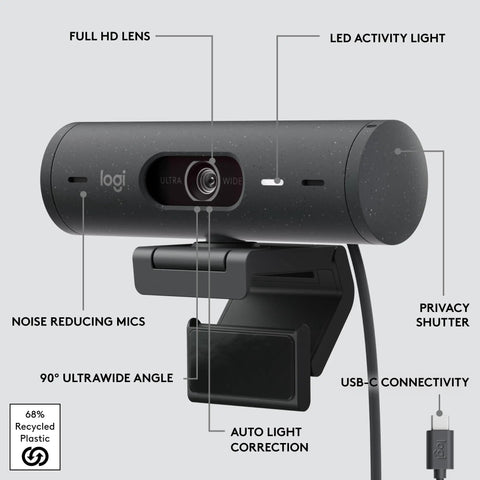 Straight Up 1080P Webcam With Smart Auto Lighting Show Mode Built In Noise Cancelling Mics Privacy Shutter in matte black, displaying features such as USB-C and privacy shutter.