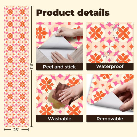 Badass Geometric Retro Floral Peel And Stick Wallpaper Roll Residue Free Self Adhesive Wall Covering 17.7x118 inch with wash and removable features.