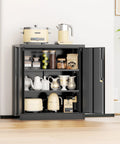 Locking Metal Storage Cabinet With Two Shelves And Locking Doors In Black Steel For Office Garage Or Home Tough And Ready Lockable Steel Cabinet With Dustproof Coating And Easy To Clean Surface, open doors showing shelves with kitchen appliances and decor.