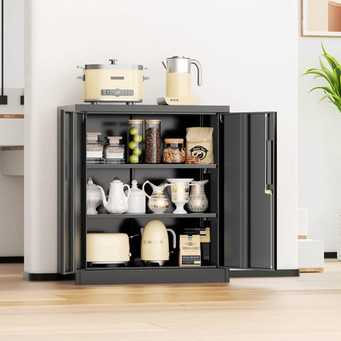 Locking Metal Storage Cabinet With Two Shelves And Locking Doors In Black Steel For Office Garage Or Home Tough And Ready Lockable Steel Cabinet With Dustproof Coating And Easy To Clean Surface, open doors showing shelves with kitchen appliances and decor.