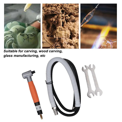 Compact Pneumatic Right Angle Pencil Die Grinder Delivering Hot Shot Air Speed And Rock Solid Torque For Precision Grinding In Tight Spots with accessories.