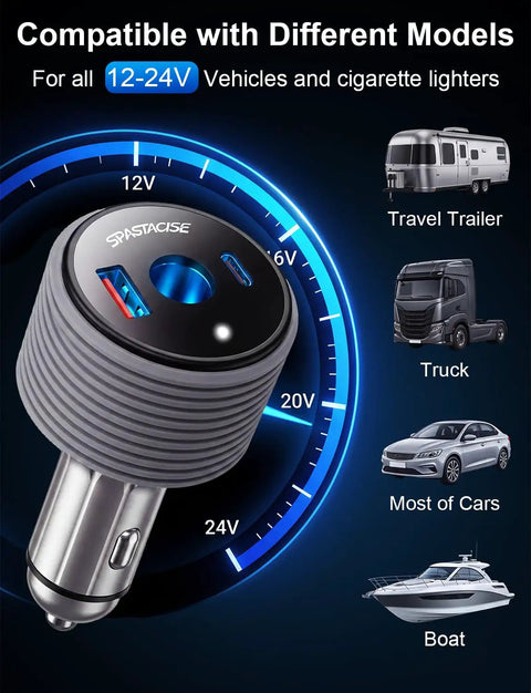 Starlink Mini Car Adapter With 60W Power Converter And Dual USB Ports For 12 To 24 Volt Vehicle Sockets showing compatibility with vehicles.