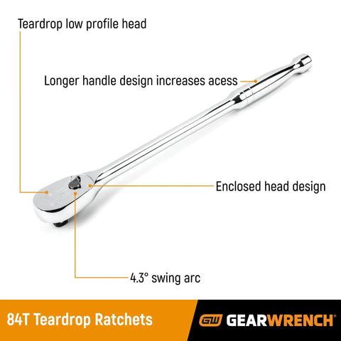 One Quarter Inch Drive 84-Tooth Teardrop Ratchet, 5 Inch Length, Full Polish Chrome Finish, Enclosed Head Design Keeps Dirt Out
