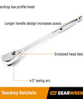 Teardrop Head 3/8 Inch Drive 84 Tooth Ratchet With Enclosed Head For Tight Spaces, Flush Mounted Switch, chrome finish, side view