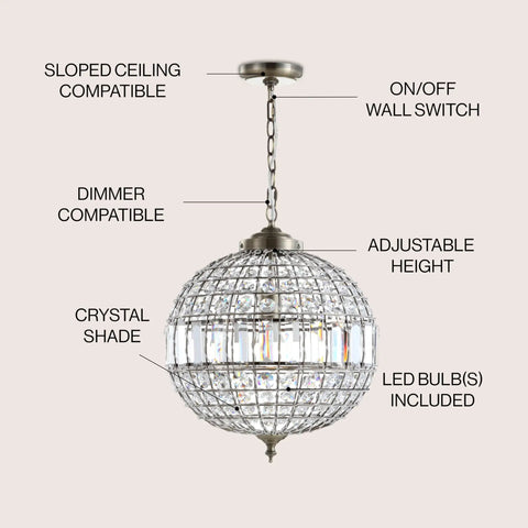 Antique Brass Crystal LED Pendant Light With Clear Glam Globe Shade, Totally Glam Modern Hanging Ceiling Lamp, 16 Inch