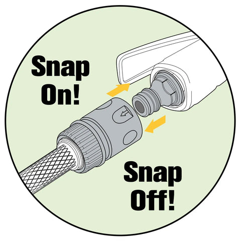 Garden Hose Quick Connect Fittings for Universal Compatibility, Tool Free Water Hose Connectors illustration with snap on-off steps