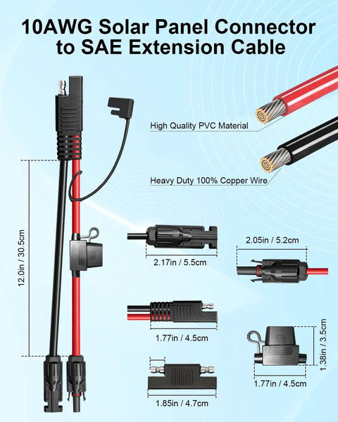 Diagrams and dimensions of Solar Panel Connector To SAE Adapter Cable 1FT 10AWG with fuse for RV solar charger kit.