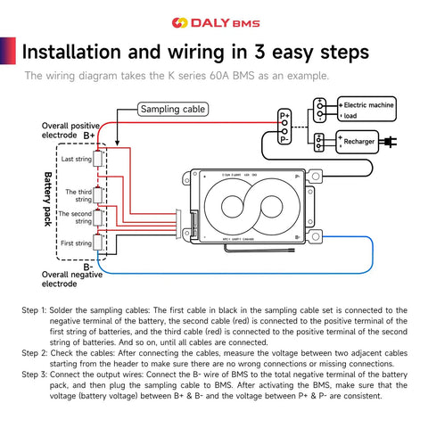 Wiring diagram for Smart BMS Monitor For 12V Lithium Cells Packed With 100 Amp Rating showing connection instructions.