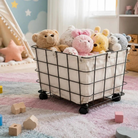 Heavy Duty Rolling Storage Basket For Toys holding plush bears and bunnies on smooth swivel caster wheels in playroom.