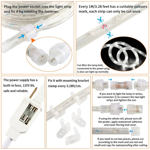 Lit 40Ft LED Rope Lights Dimmable Indoor Outdoor Waterproof 6000K Daylight White installation and cuttable features