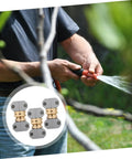 Top Quality Garden Hose Repair Kit featuring 3 Sets Of Durable Aluminum Alloy Connectors That Fight Rust And Stop Leaks For Sturdy Outdoor Water Setup. flexible brass fittings on a hose being sprayed in a garden
