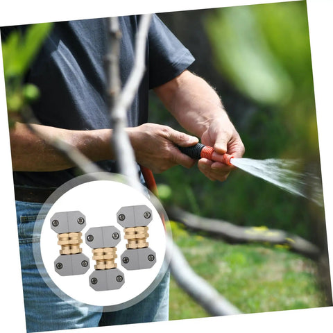 Top Quality Garden Hose Repair Kit featuring 3 Sets Of Durable Aluminum Alloy Connectors That Fight Rust And Stop Leaks For Sturdy Outdoor Water Setup. flexible brass fittings on a hose being sprayed in a garden