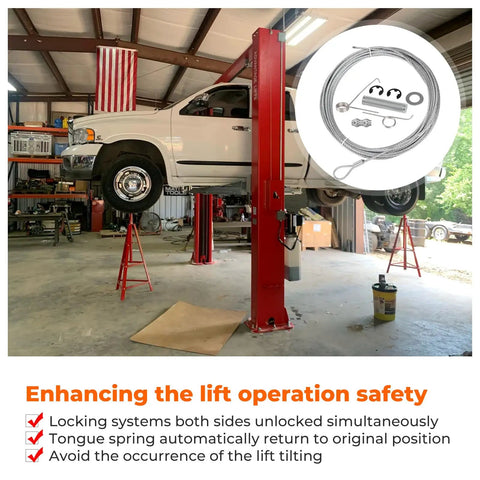 Lift Lock Safety System Kit With Release Cables And Latch Springs Includes Two FJ7595 Cables on automotive lift in garage