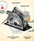 Pro Grade 7 1/4 Inch Circular Saw With A Powerhouse Motor features start button, support grip, and depth adjustment for woodworking.