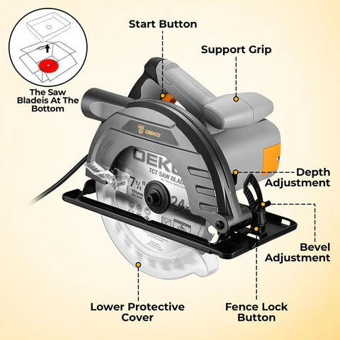 Pro Grade 7 1/4 Inch Circular Saw With A Powerhouse Motor features start button, support grip, and depth adjustment for woodworking.