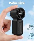 Hand holding Go-To Ultra Portable Personal Mini Fan with lanyard USB rechargeable 100 speed turbo cooling pocket size