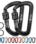 Heavy Duty Carabiner Clips 12kN 2697 Lbs Quick Lock Aluminum 7075 for Camping, Hiking, Hammock. Multicolor shown with rings.