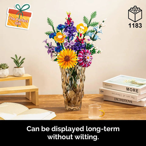 Sunflower 1183-Piece Building Blocks Set For Adults Flower Garden Kit For Home Decor And Mindful Crafting, Perfect Gift For Valentines Day And Mothers Day, Brick Compatible With Most Brick Systems. Displayed in vase
