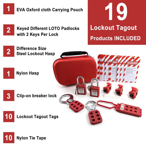 Pro Grade OSHA Lockout Tagout Kit, 19 Piece Electrical Safety Set With Hasps, Locks, Tags, Padlocks, and 2 Keys for Lockouts