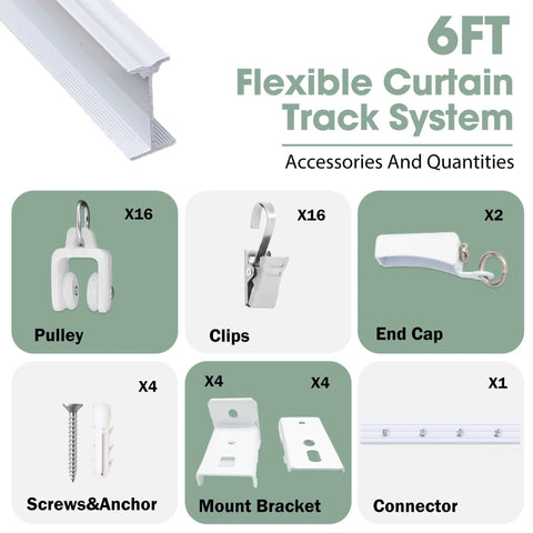 Flexible Bendable Ceiling Curtain Track With Clips for Room Dividers Ceiling Or Wall Mount Rails Heavy Duty Privacy Curtain Rods For Living Room Shower Bedroom And RV White 6 Ft with clips, brackets, pulley, screws and connectors
