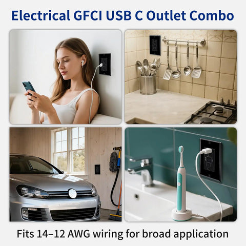Black 15 Amp GFCI Outlet With Type A And Type C Ports 40 Pack Self Test Electrical Receptacle in use near smartphone and kitchen.