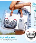 2 Pack Neck Fan Portable Rechargeable Personal Cooling in clear bag with phone and glasses, showing compact design.