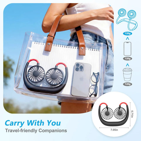 2 Pack Neck Fan Portable Rechargeable Personal Cooling in clear bag with phone and glasses, showing compact design.