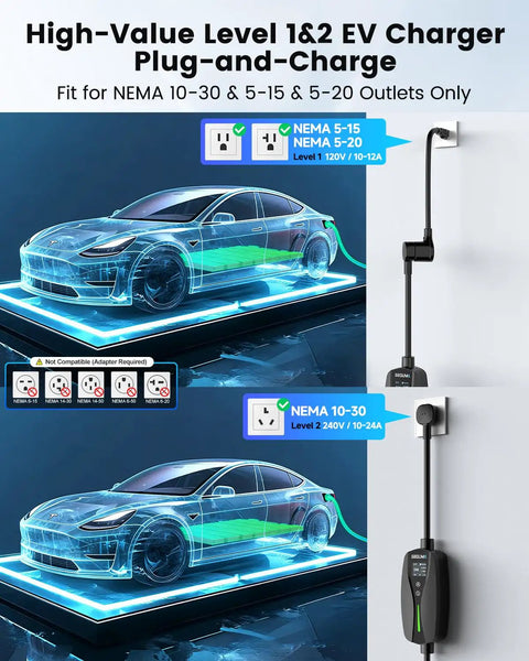 Portable Tesla Wall Connector Featuring No Sweat Nema 10 30 Plug Method Level 2 Ev Speed Charger With Tunable Amps, mounted on wall.