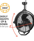 Rugged Outdoor 18 Inch Ceiling Mount Fan With Dual Height Mount Options 360 Degree Direction Up And Down Adjustable shown in close-up.