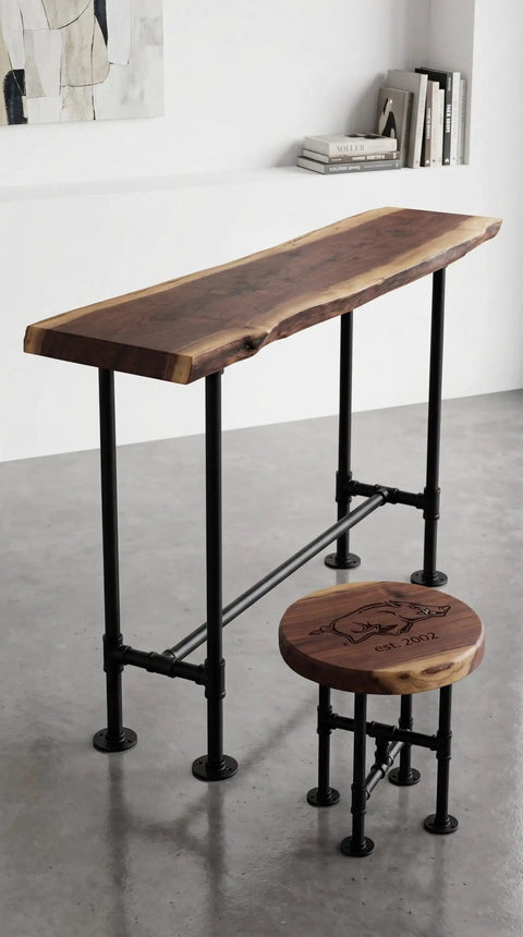Industrial table and stool made with 148 Piece Black Iron Pipe Fitting Set With Long And Short Pipes Tees Elbows Floor Flanges