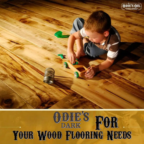 Boy playing on wooden floor treated with Dark Wood Oil Finish And Stabilizer That Deepens With Age, Food Safe And Solvent Free
