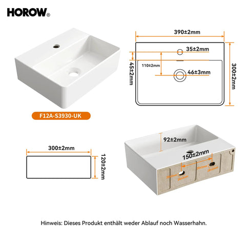 Small Bathroom Wash Basin Sink White 40x30x12cm｜Slim Ed & Sto Led Design - Countertop or Wall Mounted Rectangular Basin for Small Bathroom Cloakroom WC with dimensions and design.