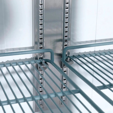 Heavy Duty Commercial Reach In Freezer With Dual Glass Doors And Rock Solid Stainless Build For Top Shelf Cold Storage And Easy Setup At Forty Seven Cubic Feet Capacity, close-up of PVC wire shelves and stainless frame.
