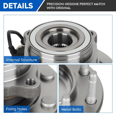 Close-up of 4X4 Front Wheel Bearing And Hub Assembly for Chevy Avalanche showing internal structure, fixing holes, and metal bolts.