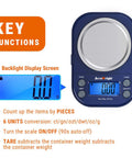 Pocket Digital Gram Scale 0.01g Precision, 300g Capacity for Jewelry Coffee and Kitchen showing features with blue display screen