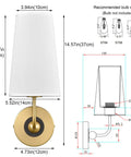 Gold Fabric Shade Wall Sconce Set of 2 - Modern 1-Light Hardwired Brass Wall Lamps with Brushed Gold Finish and Black Back Plate diagram